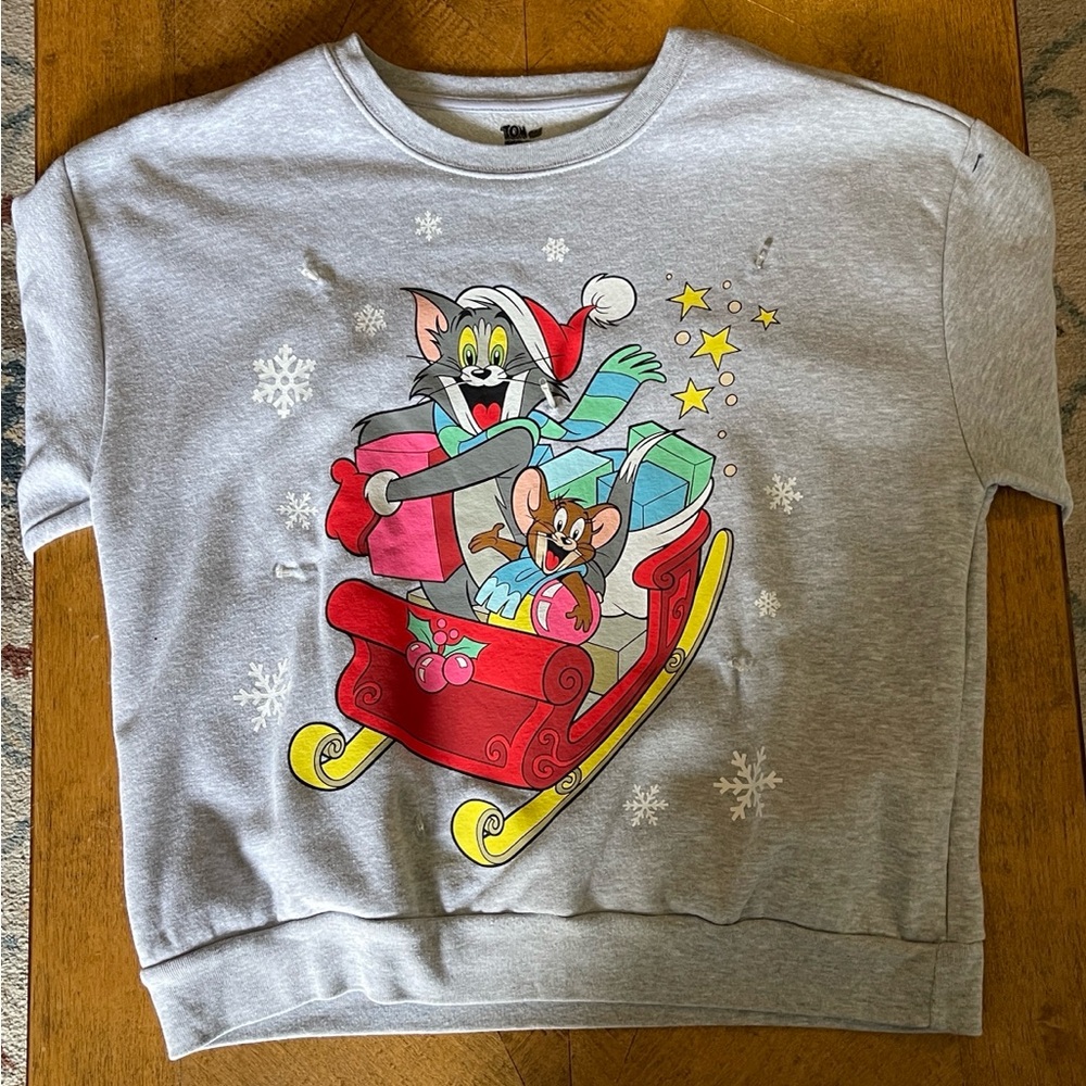 Women’s XL Light Up Tom and Jerry Gray Crew Neck Christmas Sweater